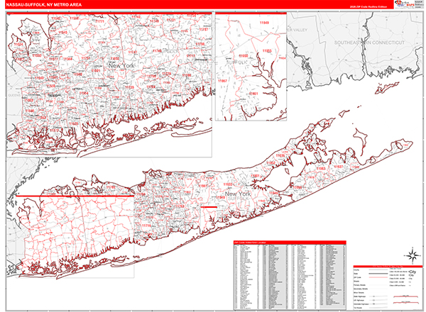 Nassau-Suffolk Metro Area Wall Map Red Line Style